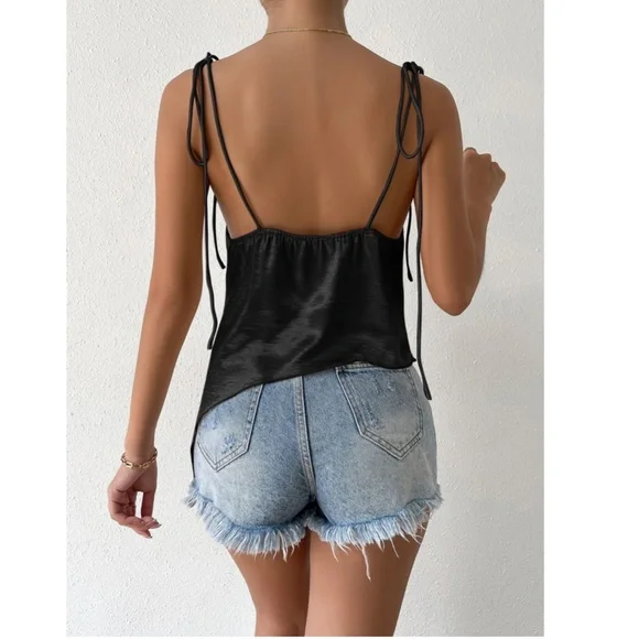 Black Glamorous Cowl Neck Ties Straps Camisole Top Satin - Picture 2 of 10
